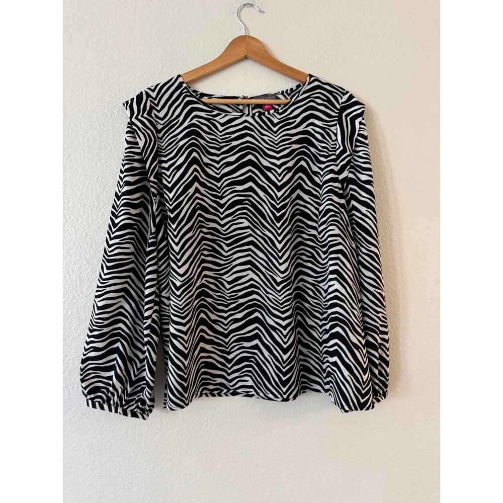 Vince Camuto Zebra Print Blouse Puff Sleeve Top XL Black White Excellent